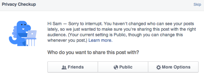 Facebook Using Blue Dinosaur To Nag You About Privacy Settings