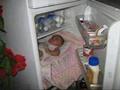 funny baby in fridge